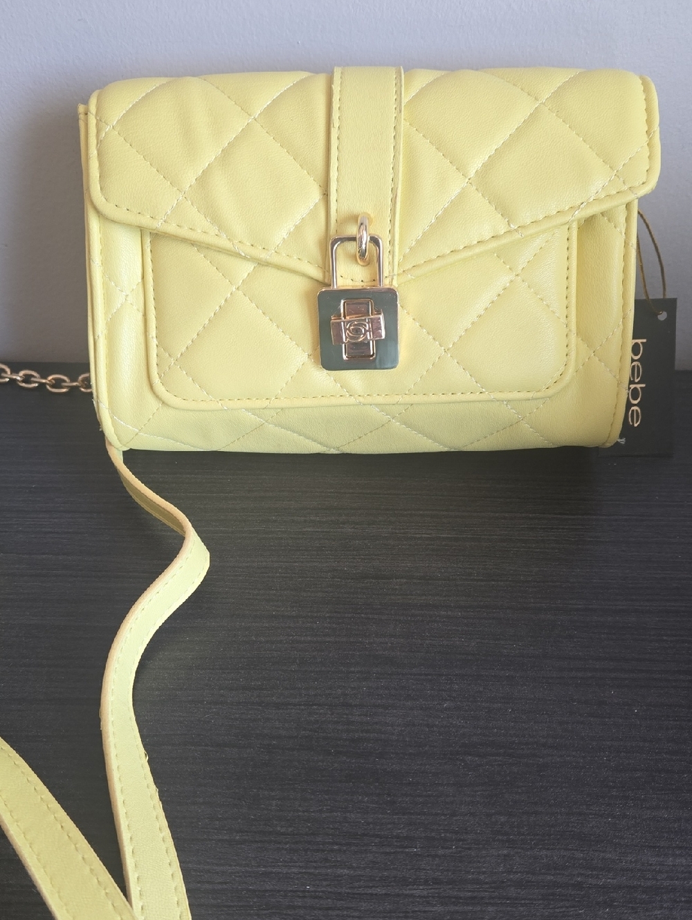 bebe Quilted Lemon Yellow Crossbody with Gold Hardware